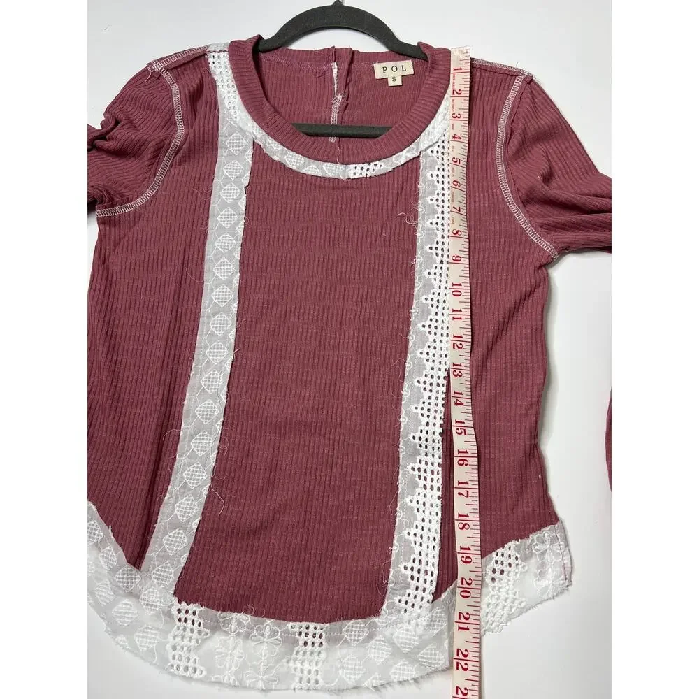 POL Long Sleeve Top Small Mauve Pink Ribbed Lace Trim Contrast Boho Cottagecore